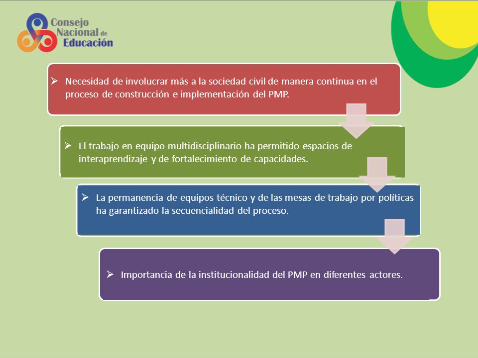 Necesidad de involucrar más a la sociedad civil de manera continua en el proceso de construcción e implementación del PMP.