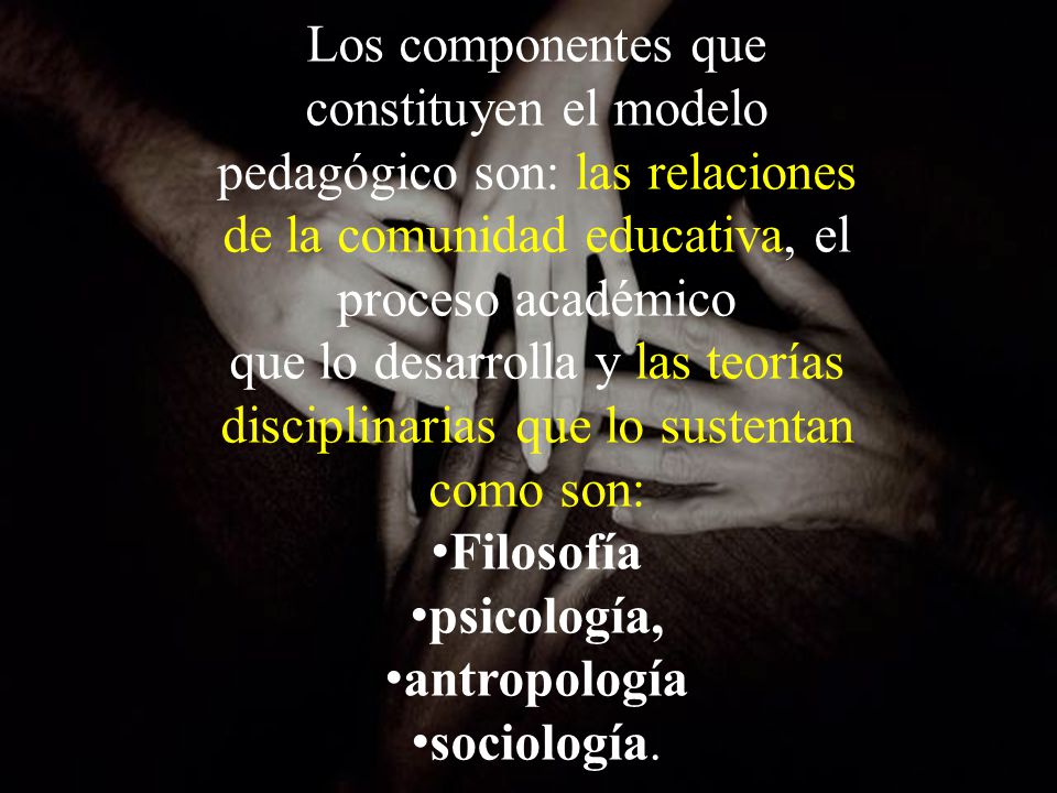 Los componentes que constituyen el modelo pedagógico son: las relaciones de la comunidad educativa, el proceso académico