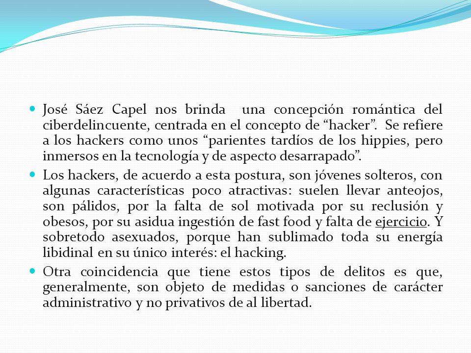 José Sáez Capel nos brinda una concepción romántica del ciberdelincuente, centrada en el concepto de hacker . Se refiere a los hackers como unos parientes tardíos de los hippies, pero inmersos en la tecnología y de aspecto desarrapado .