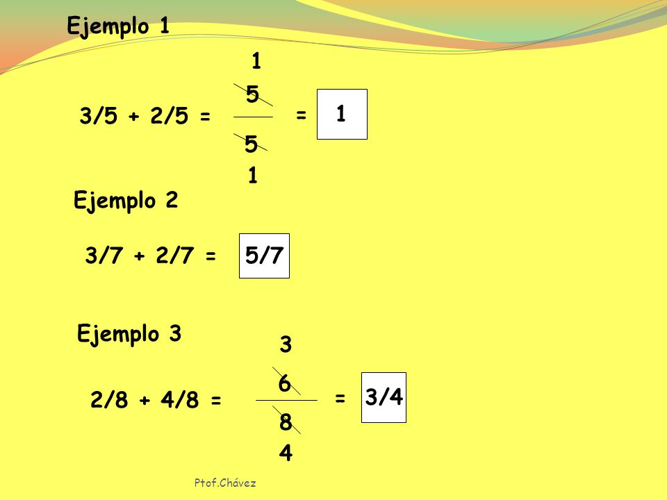 Ejemplo 1 1 3/5 + 2/5 = 1 = 5 Ejemplo 2 5/7 3/7 + 2/7 = Ejemplo 3 3 6