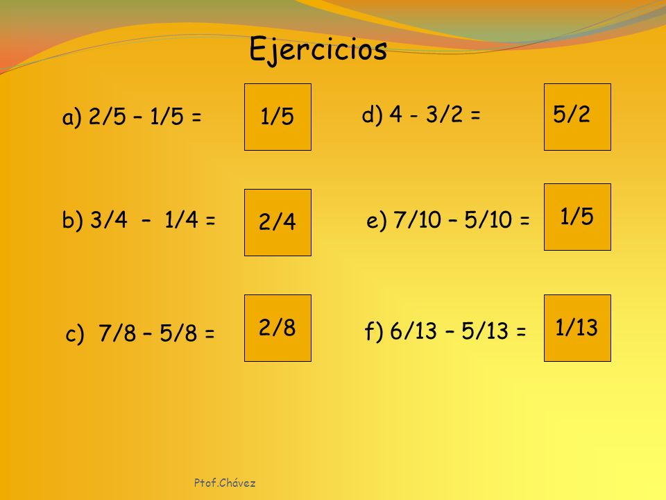 Ejercicios 1/5 a) 2/5 – 1/5 = d) 4 - 3/2 = 5/2 1/5 2/4 b) 3/4 – 1/4 =