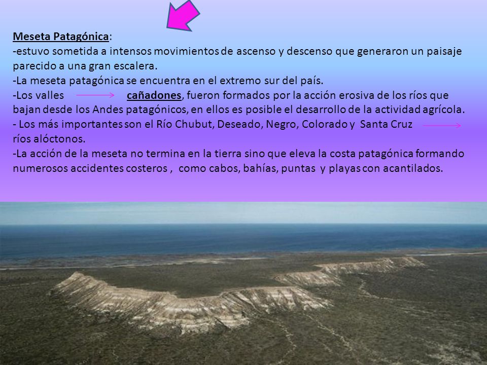 Meseta Patagónica: estuvo sometida a intensos movimientos de ascenso y descenso que generaron un paisaje parecido a una gran escalera.