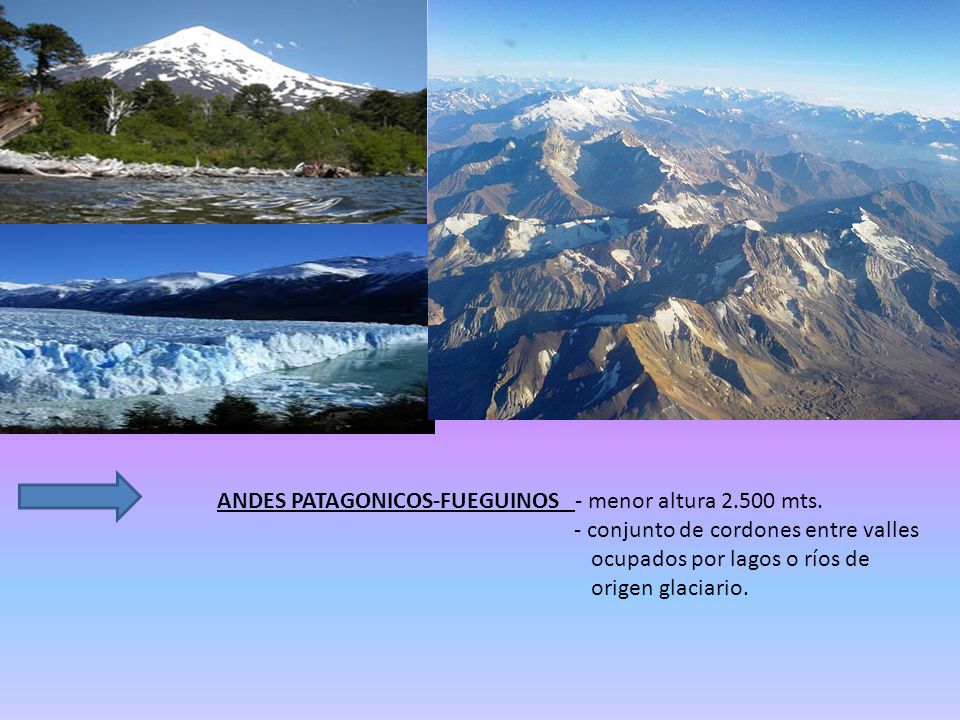 ANDES PATAGONICOS-FUEGUINOS - menor altura mts.