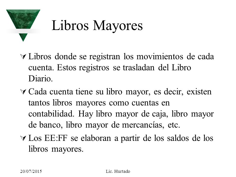 Libros Mayores Libros donde se registran los movimientos de cada cuenta. Estos registros se trasladan del Libro Diario.