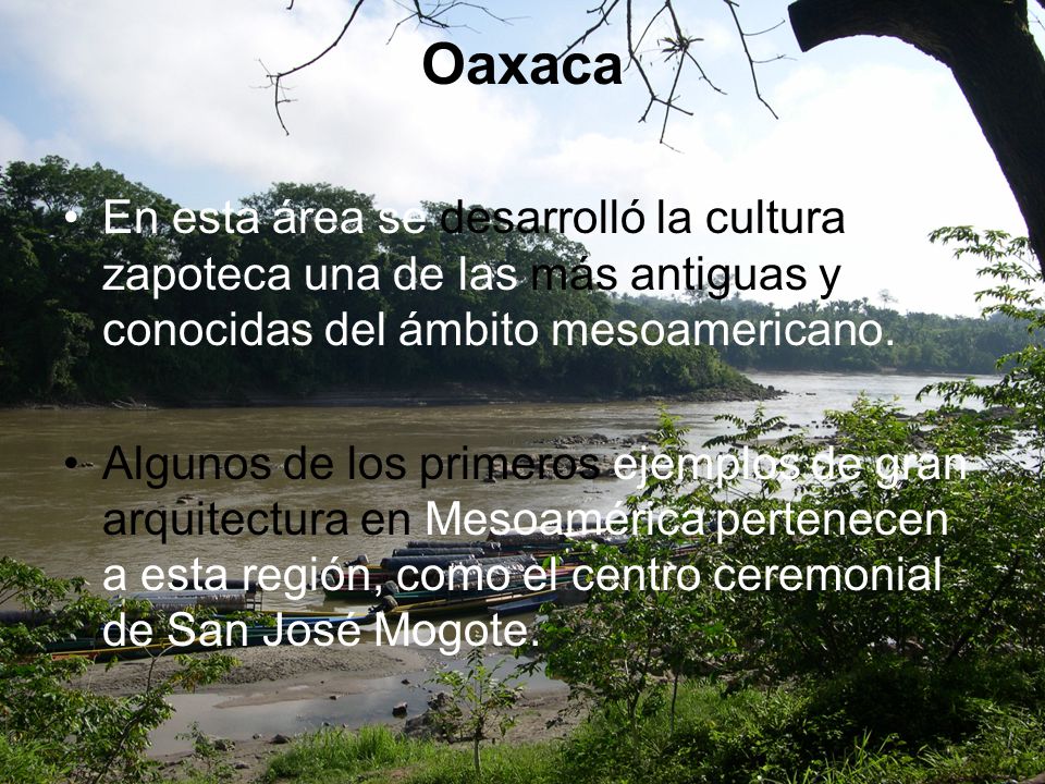 Oaxaca En esta área se desarrolló la cultura zapoteca una de las más antiguas y conocidas del ámbito mesoamericano.