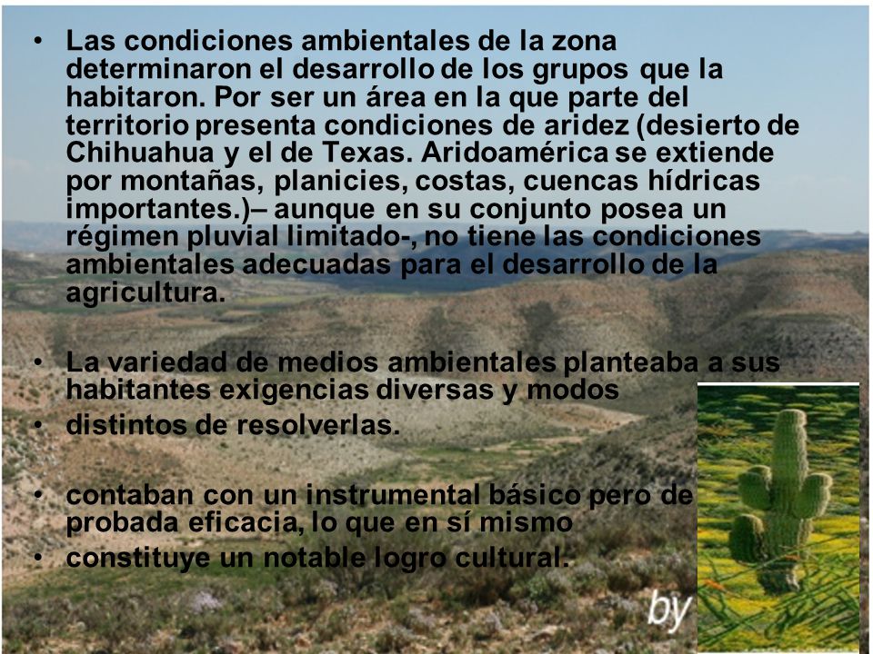 Las condiciones ambientales de la zona determinaron el desarrollo de los grupos que la habitaron. Por ser un área en la que parte del territorio presenta condiciones de aridez (desierto de Chihuahua y el de Texas. Aridoamérica se extiende por montañas, planicies, costas, cuencas hídricas importantes.)– aunque en su conjunto posea un régimen pluvial limitado-, no tiene las condiciones ambientales adecuadas para el desarrollo de la agricultura.