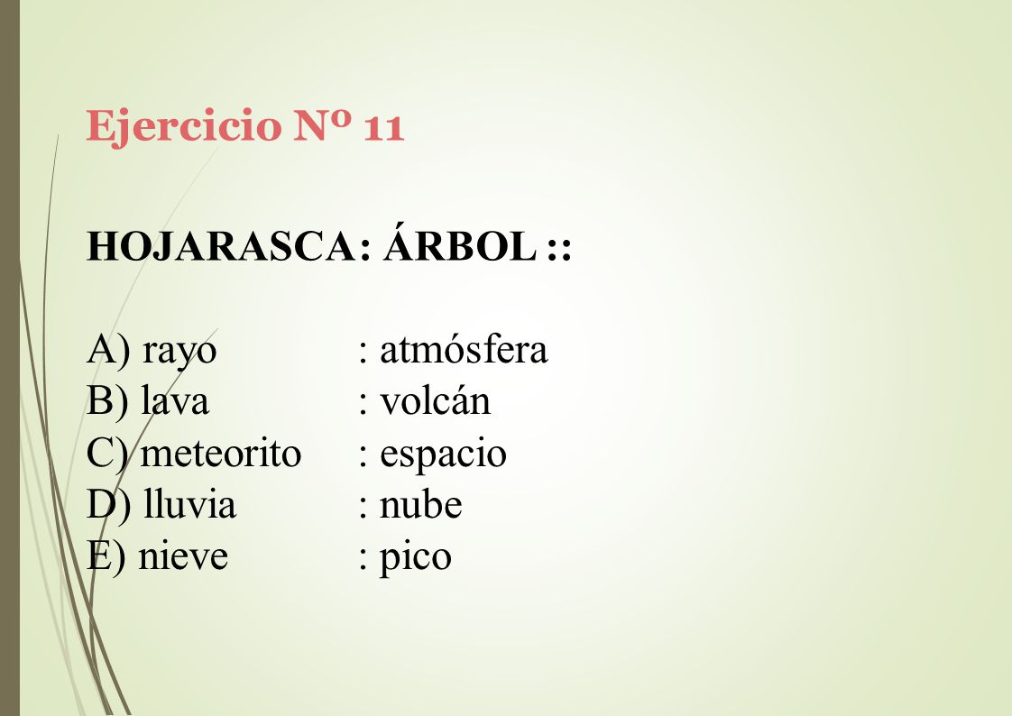 Ejercicio Nº 11 HOJARASCA: ÁRBOL :: rayo. lava. meteorito. lluvia. nieve. : atmósfera. : volcán.