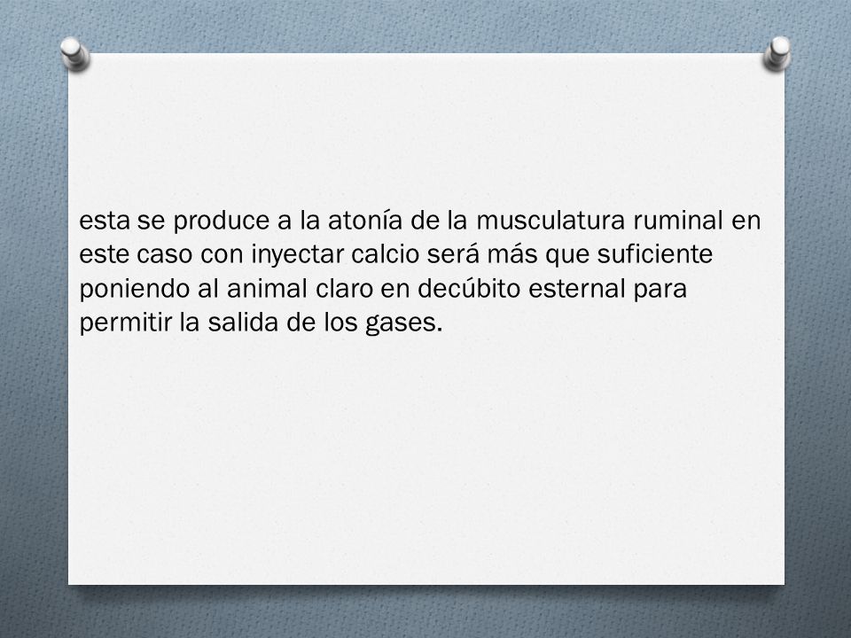esta se produce a la atonía de la musculatura ruminal en este caso con inyectar calcio será más que suficiente poniendo al animal claro en decúbito esternal para permitir la salida de los gases.
