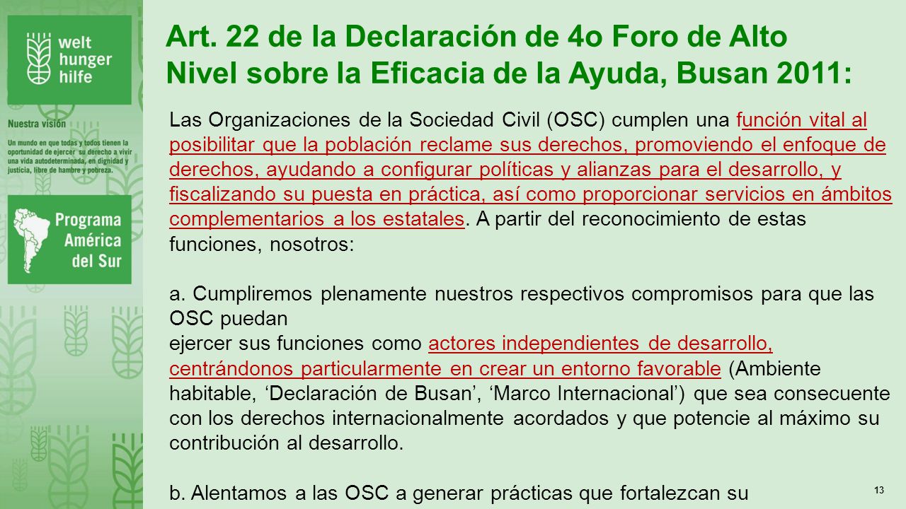 Art. 22 de la Declaración de 4o Foro de Alto Nivel sobre la Eficacia de la Ayuda, Busan 2011:
