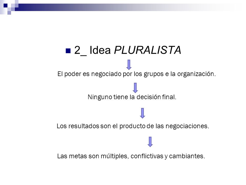 2_ Idea PLURALISTA El poder es negociado por los grupos e la organización. Ninguno tiene la decisión final.