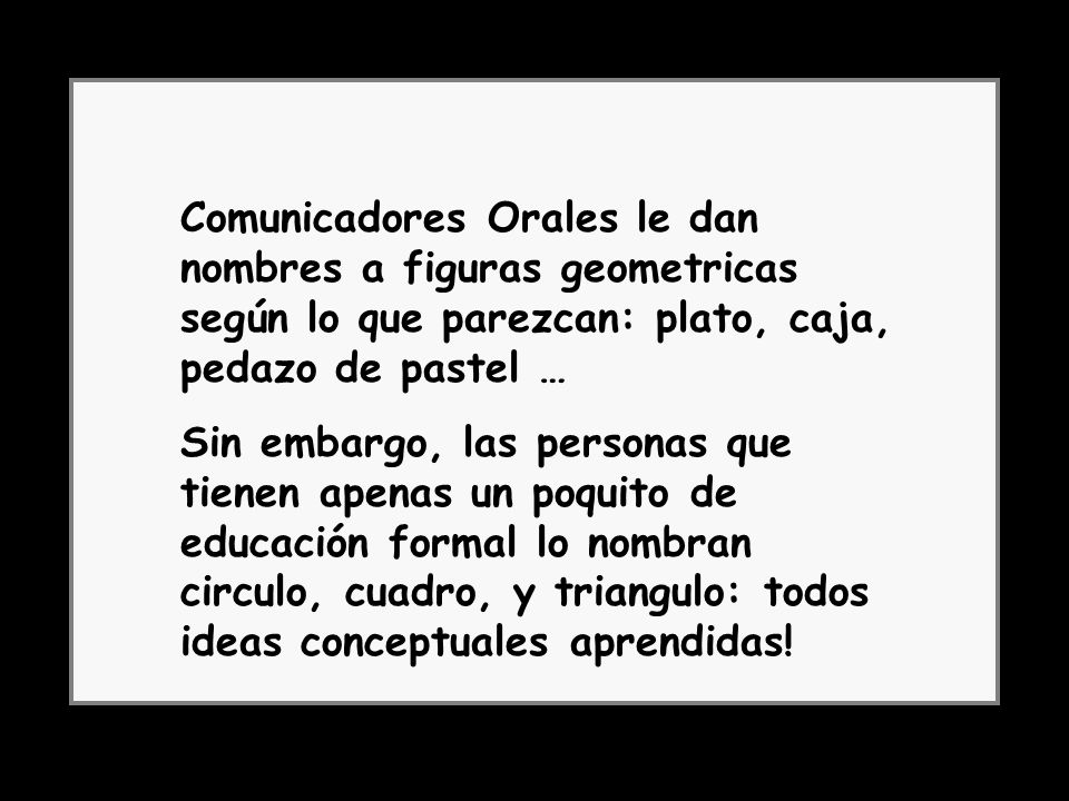 Comunicadores Orales le dan nombres a figuras geometricas según lo que parezcan: plato, caja, pedazo de pastel …