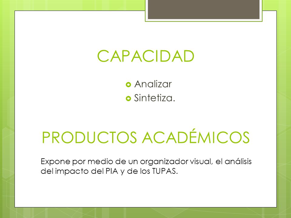 CAPACIDAD PRODUCTOS ACADÉMICOS Analizar Sintetiza.