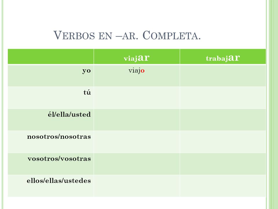 Verbos en –ar. Completa. viajar trabajar yo viajo tú él/ella/usted