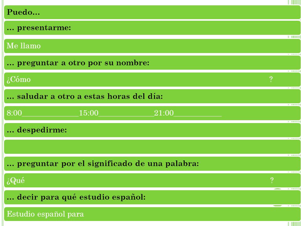 Puedo… … presentarme: Me llamo. … preguntar a otro por su nombre: