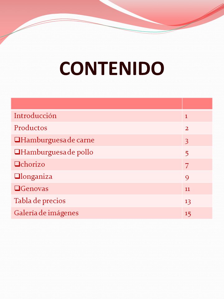 CONTENIDO Introducción 1 Productos 2 Hamburguesa de carne 3