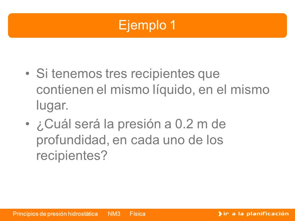Ejemplo 1 Si tenemos tres recipientes que contienen el mismo líquido, en el mismo lugar.