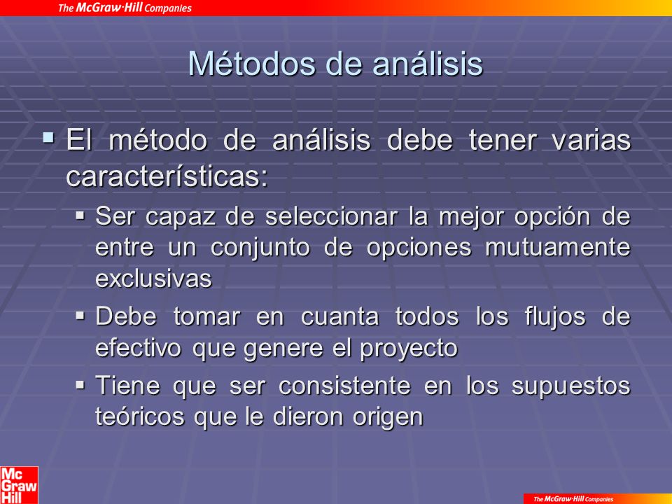 Métodos de análisis El método de análisis debe tener varias características: