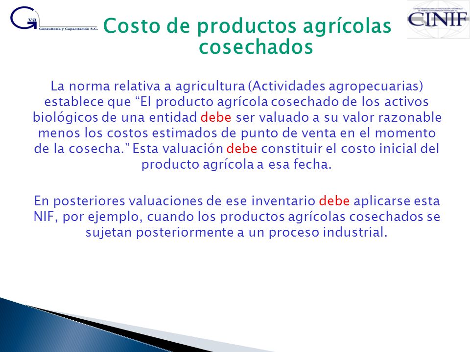 Costo de productos agrícolas cosechados