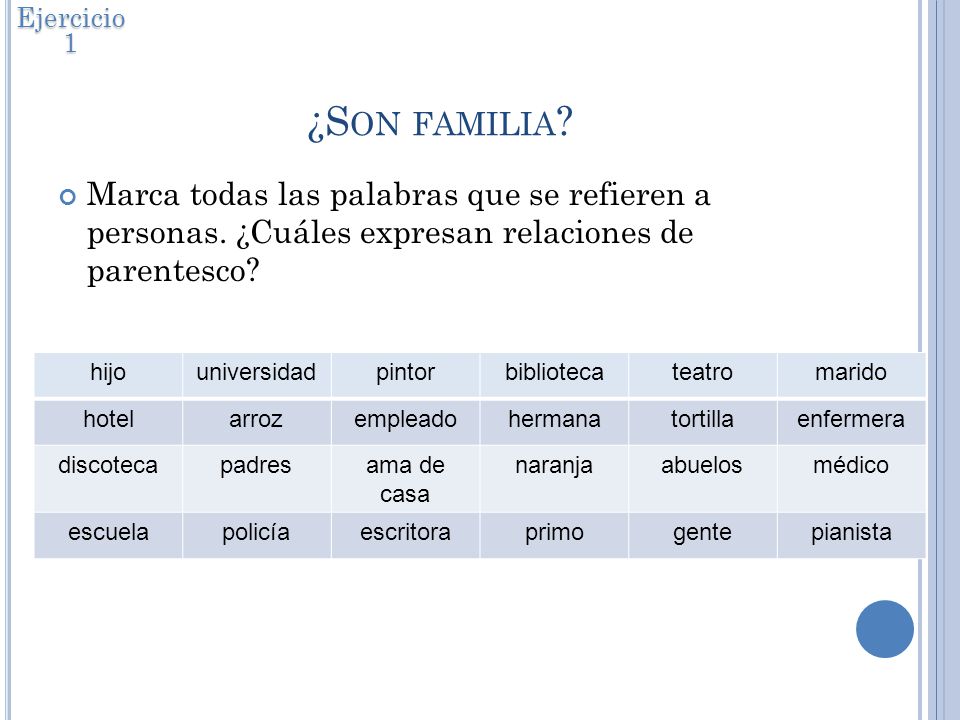 Ejercicio 1 ¿Son familia Marca todas las palabras que se refieren a personas. ¿Cuáles expresan relaciones de parentesco