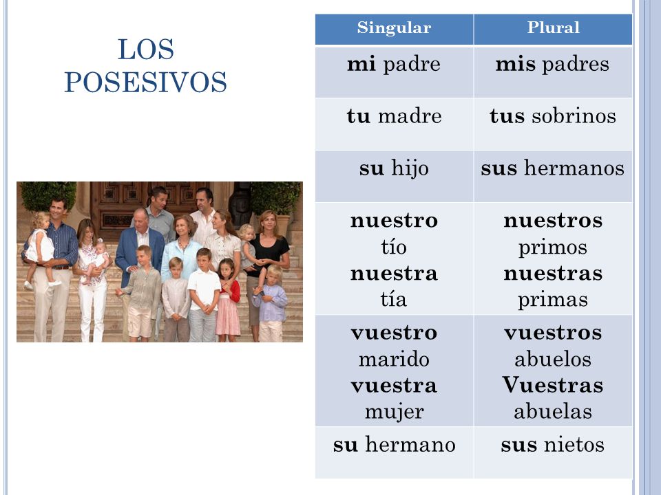 LOS POSESIVOS mi padre mis padres tu madre tus sobrinos su hijo