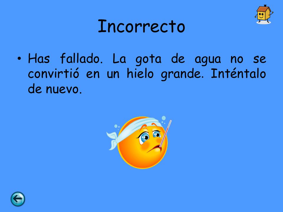 Incorrecto Has fallado. La gota de agua no se convirtió en un hielo grande. Inténtalo de nuevo.