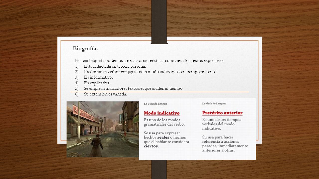 Biografía. En una biógrafa podemos apreciar características comunes a los textos expositivos: Esta redactada en tercera persona.