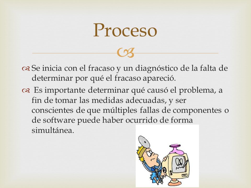 Proceso Se inicia con el fracaso y un diagnóstico de la falta de determinar por qué el fracaso apareció.