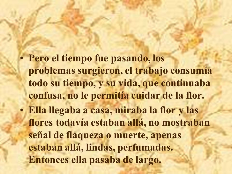 Pero el tiempo fue pasando, los problemas surgieron, el trabajo consumía todo su tiempo, y su vida, que continuaba confusa, no le permitía cuidar de la flor.