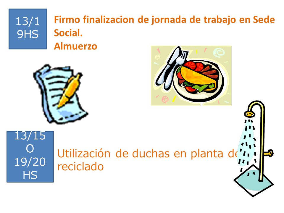 13/19HS Firmo finalizacion de jornada de trabajo en Sede Social. Almuerzo. 13/15. O. 19/20. HS.