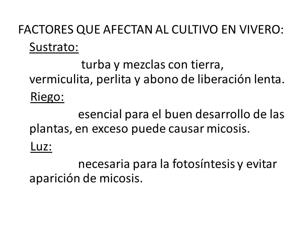 FACTORES QUE AFECTAN AL CULTIVO EN VIVERO: Sustrato: turba y mezclas con tierra, vermiculita, perlita y abono de liberación lenta.