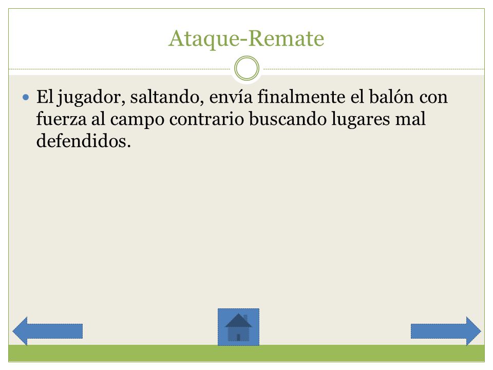 Ataque-Remate El jugador, saltando, envía finalmente el balón con fuerza al campo contrario buscando lugares mal defendidos.