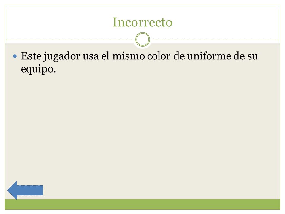 Incorrecto Este jugador usa el mismo color de uniforme de su equipo.