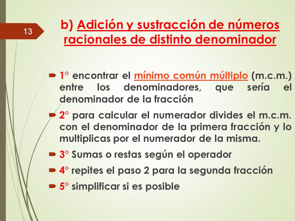 b) Adición y sustracción de números racionales de distinto denominador