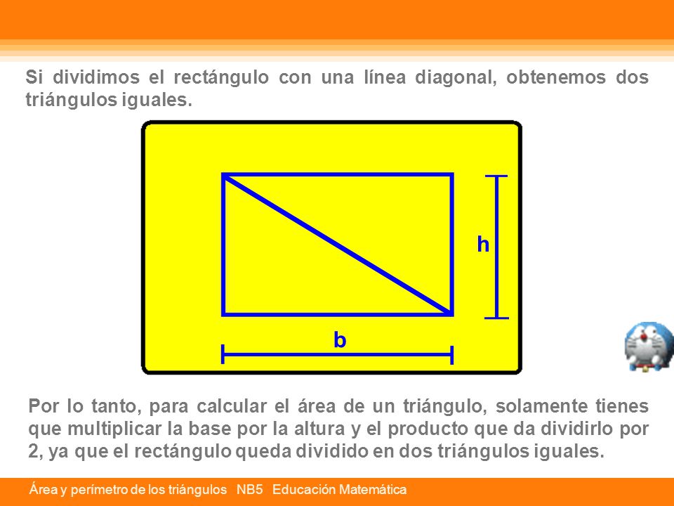 Si dividimos el rectángulo con una línea diagonal, obtenemos dos triángulos iguales.