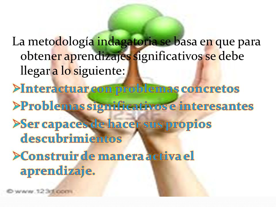 La metodología indagatoria se basa en que para obtener aprendizajes significativos se debe llegar a lo siguiente: