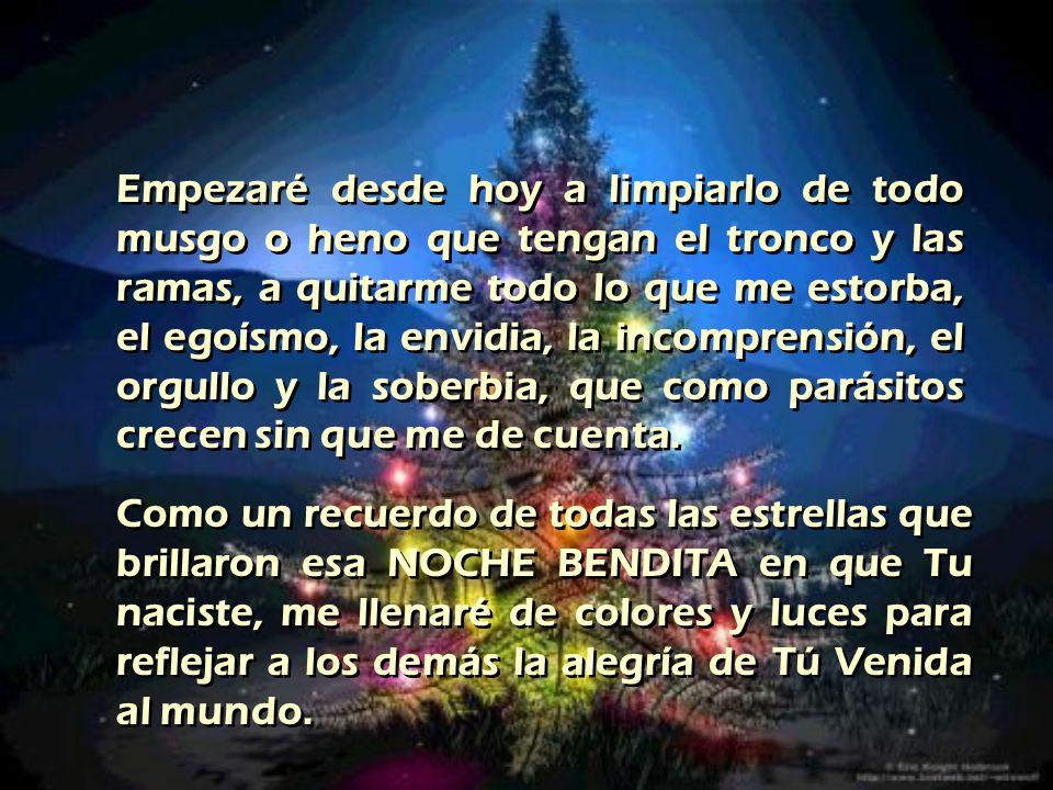 Empezaré desde hoy a limpiarlo de todo musgo o heno que tengan el tronco y las ramas, a quitarme todo lo que me estorba, el egoísmo, la envidia, la incomprensión, el orgullo y la soberbia, que como parásitos crecen sin que me de cuenta.