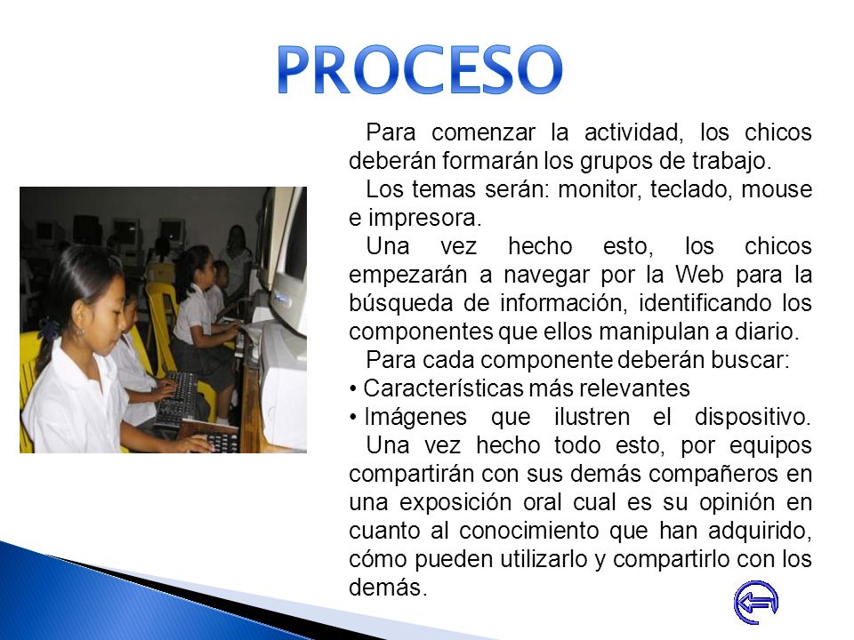 PROCESO Para comenzar la actividad, los chicos deberán formarán los grupos de trabajo. Los temas serán: monitor, teclado, mouse e impresora.