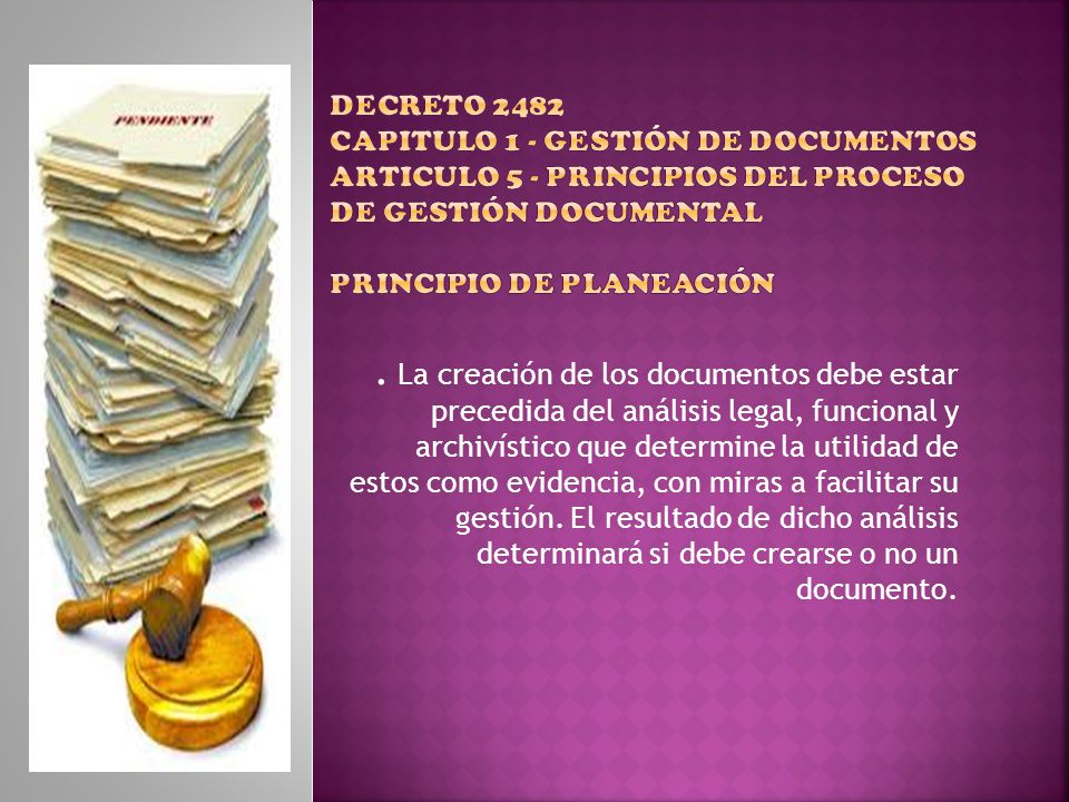 Decreto 2482 Capitulo 1 - Gestión de Documentos Articulo 5 - Principios del proceso de Gestión Documental Principio de Planeación