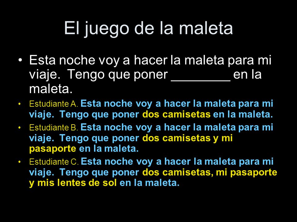 El juego de la maleta Esta noche voy a hacer la maleta para mi viaje. Tengo que poner ________ en la maleta.