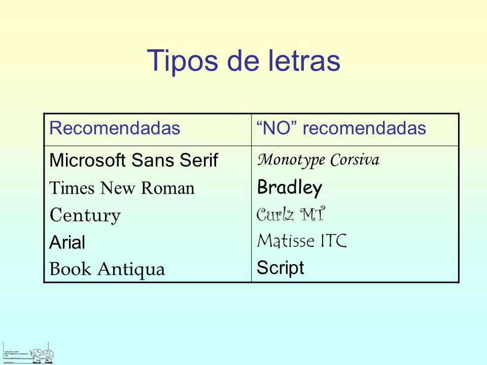 Tipos de letras Recomendadas NO recomendadas Microsoft Sans Serif