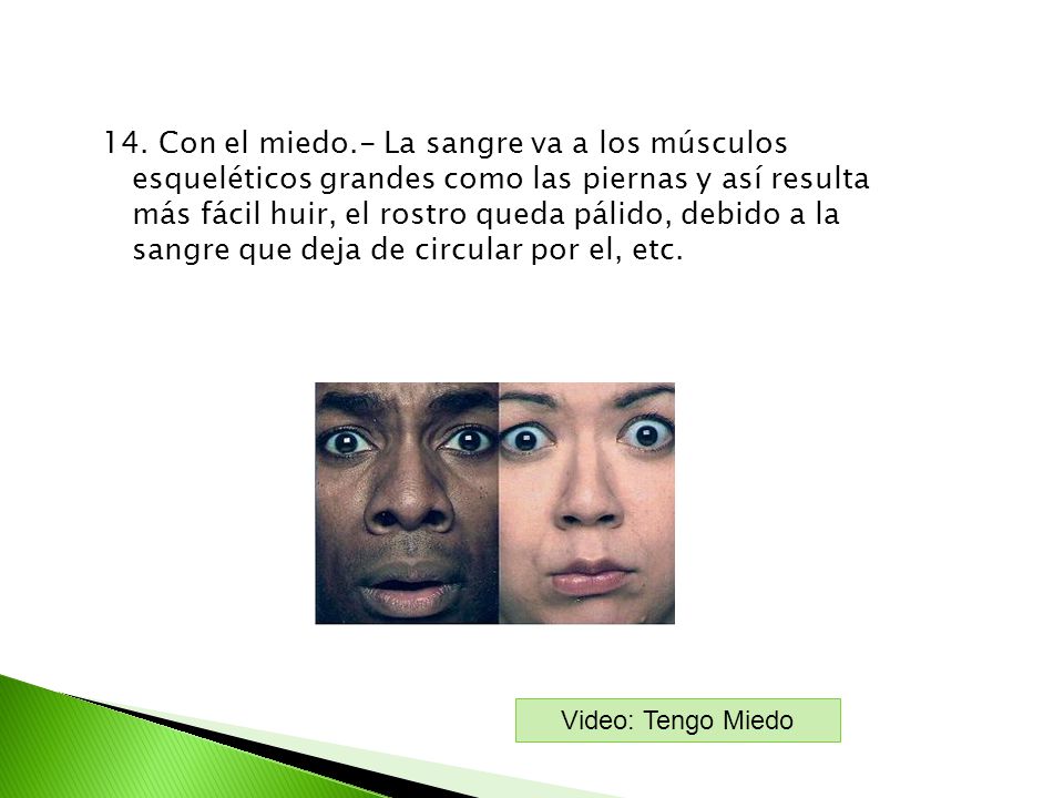 14. Con el miedo.- La sangre va a los músculos esqueléticos grandes como las piernas y así resulta más fácil huir, el rostro queda pálido, debido a la sangre que deja de circular por el, etc.
