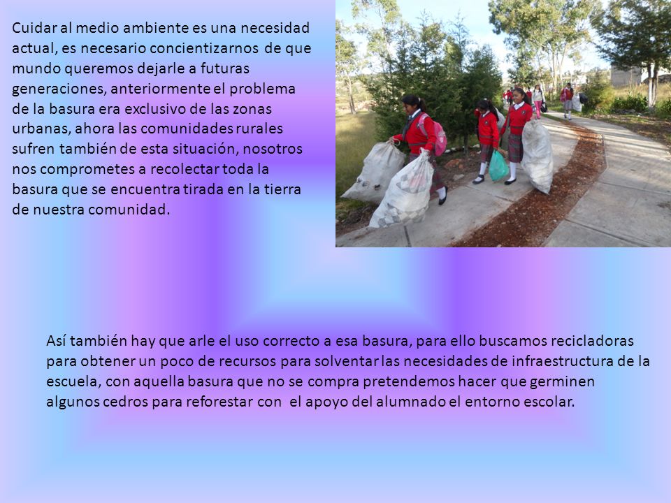Cuidar al medio ambiente es una necesidad actual, es necesario concientizarnos de que mundo queremos dejarle a futuras generaciones, anteriormente el problema de la basura era exclusivo de las zonas urbanas, ahora las comunidades rurales sufren también de esta situación, nosotros nos comprometes a recolectar toda la basura que se encuentra tirada en la tierra de nuestra comunidad.