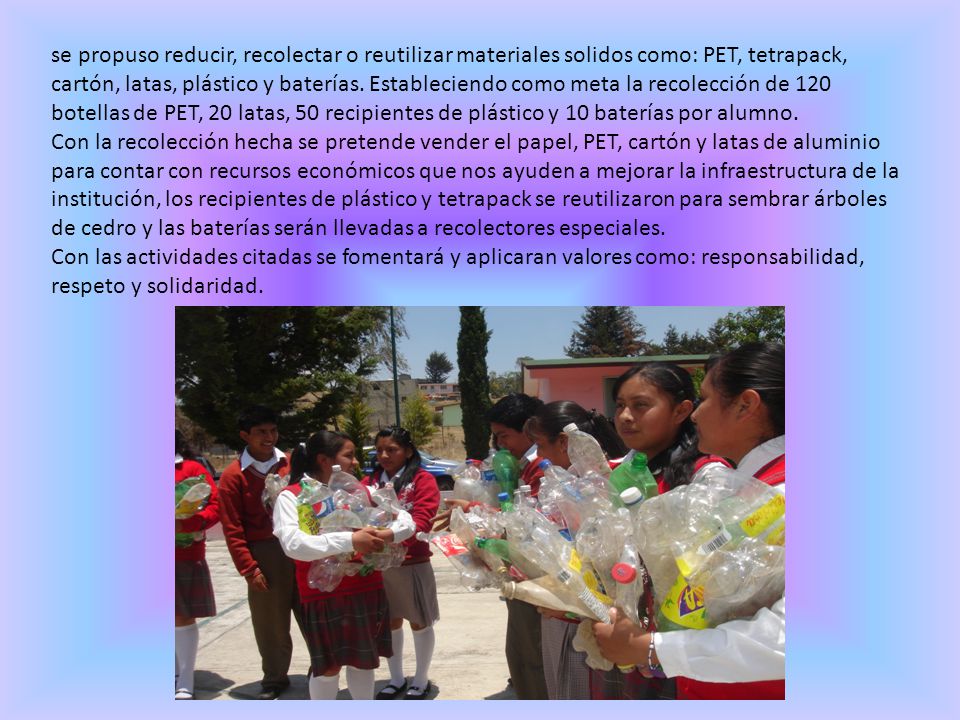 se propuso reducir, recolectar o reutilizar materiales solidos como: PET, tetrapack, cartón, latas, plástico y baterías. Estableciendo como meta la recolección de 120 botellas de PET, 20 latas, 50 recipientes de plástico y 10 baterías por alumno.