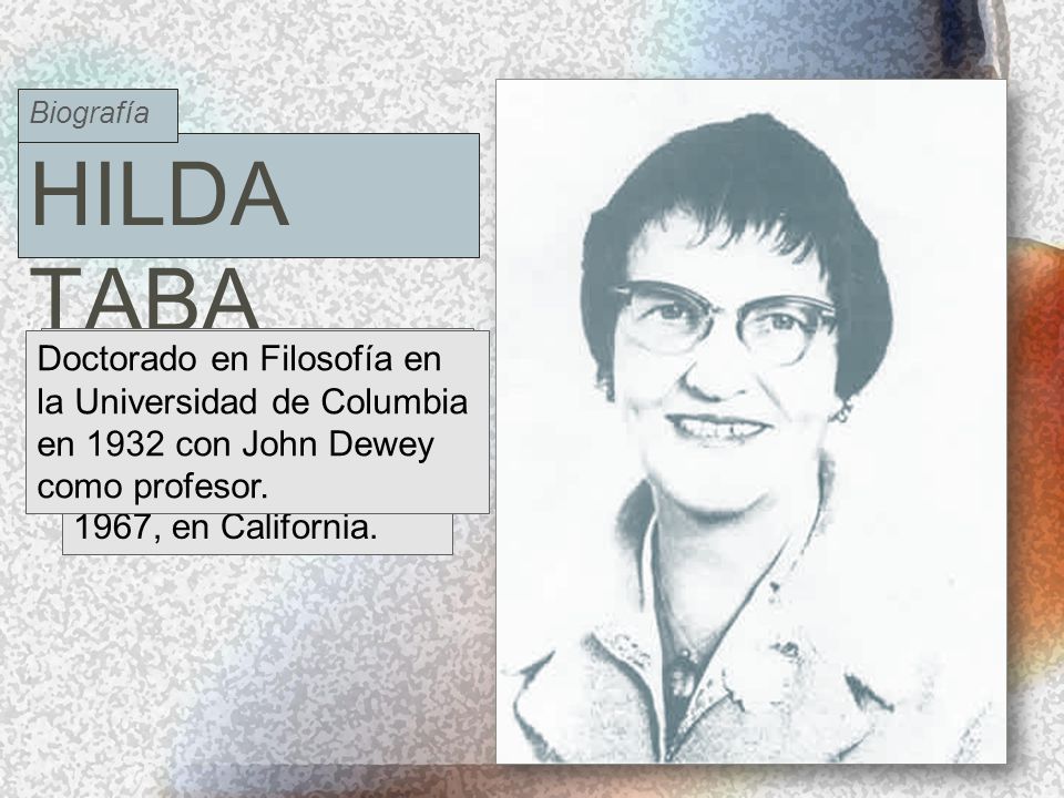 Biografía Hilda Taba. Doctorado en Filosofía en la Universidad de Columbia en 1932 con John Dewey como profesor.