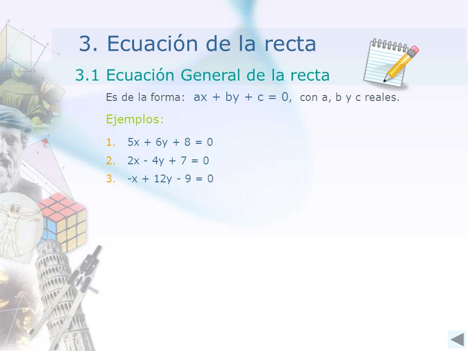 3. Ecuación de la recta 3.1 Ecuación General de la recta Ejemplos: