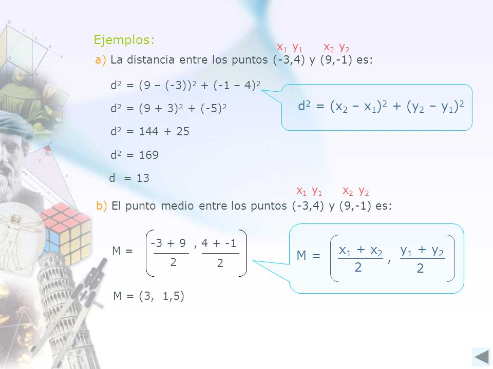 Ejemplos: d2 = (x2 – x1)2 + (y2 – y1)2 x1 + x2 y1 + y2 M = , 2 x1 y1