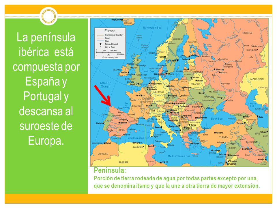 La península ibérica está compuesta por España y Portugal y descansa al suroeste de Europa.