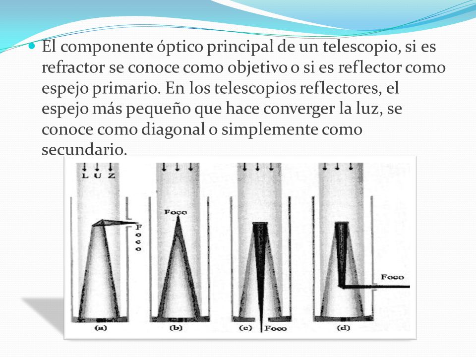 El componente óptico principal de un telescopio, si es refractor se conoce como objetivo o si es reflector como espejo primario.