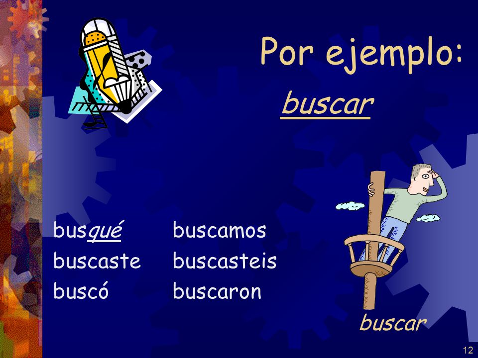 Por ejemplo: buscar buscar busqué buscaste buscó buscamos buscasteis
