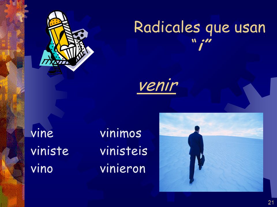 venir Radicales que usan i vine viniste vino vinimos vinisteis